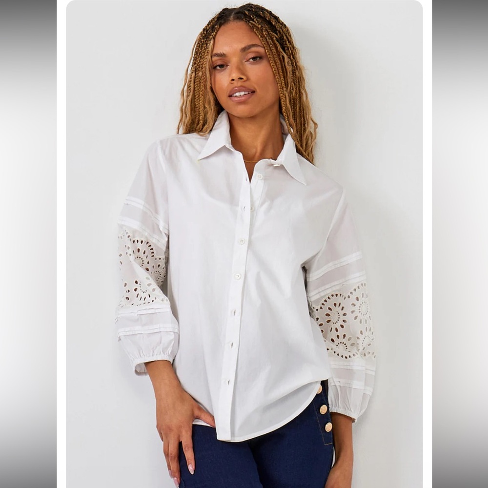 NWT Charlie Paige White Button Down Shirt with Eyelet Sleeves